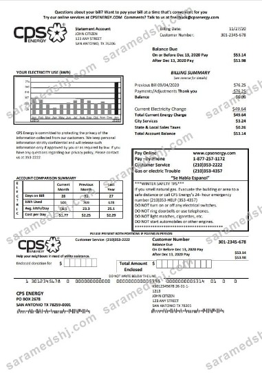 USA Texas CPS utility bill template in Word and PDF format